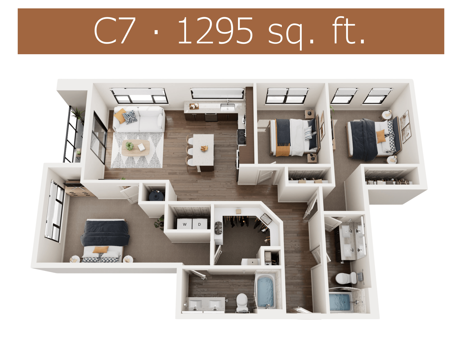 Floor plan for 3 beds, 2 baths, 1295 sqft